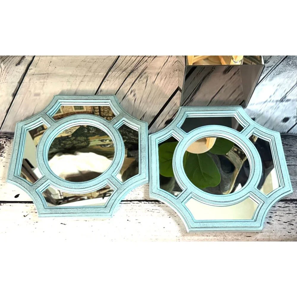 Set Of 2 Light Blue Octagonal Wall Mirrors With Geometric Design